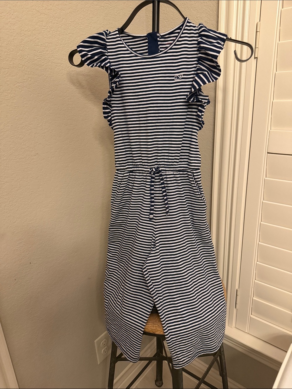 Vineyard Vines Navy & White Striped Girls' One-Piece Romper with Ruffle Sleeves